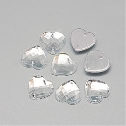 Cose en el rhinestone, rhinestone acrílico transparente, dos agujeros, Accesorios de la ropa, facetados, corazón, Claro, 18x18x4.5mm, agujero: 0.8~1 mm