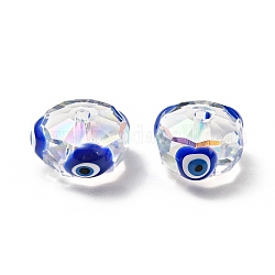 Abalorios de vidrio transparentes, con esmalte, facetados, rondelle con patrón de mal de ojo, azul, 10x7.5mm, agujero: 1.5 mm