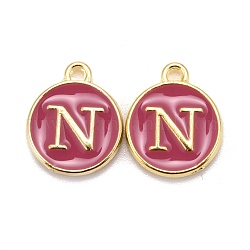 Golden Plated Alloy Enamel Charms, Cadmium Free & Lead Free, Enamelled Sequins, Flat Round with Letter, Camellia, Letter.N, 14x12x2mm, Hole: 1.5mm