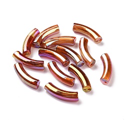 UV Plating Rainbow Iridescent Acrylic Beads, with Gold Foil, Curved Tube, Sienna, 32x10.5x8mm, Hole: 2mm