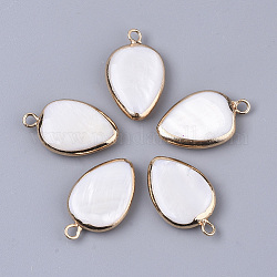 Edge Plated Freshwater Shell Pendants, for DIY Jewelry Making, with Golden Plated Brass Loops and Half Drilled, Teardrop, Seashell Color, 20~23x13~14x4~6mm, Hole: 0.9~1.8mm