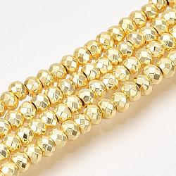 Chapelets de perles en hématite synthétique sans magnétique, rondelle, facette, plaqué or, 3x2mm, Trou: 1mm, Environ 208 pcs/chapelet, 15.7 pouce