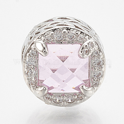 Perline europeo zirconi in ottone, perline con foro grande, rotondo e piatto, platino, perla rosa, 12x11mm, Foro: 4.5 mm