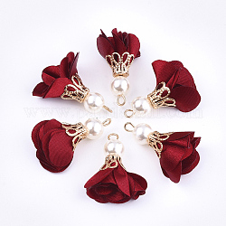 Pendentifs en fer, avec un chiffon et une perle d'imitation en plastique ABS, fleur, or, rouge foncé, 25~32x15~25mm, Trou: 1~4mm