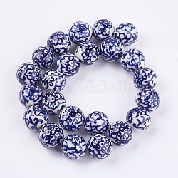 Hechos a mano de los abalorios de la porcelana azul y blanca, redondo con flor, azul medio, 14~17mm, agujero: 2~2.5 mm