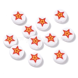Opaque Printed Acrylic Beads, Flat Round with Star, Red, 11x4mm, Hole: 1.5mm