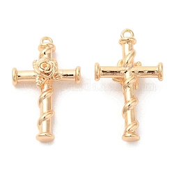 Brass Pendants, Cross with Rose Charm, Real 18K Gold Plated, 25x15x5.5mm, Hole: 1.4mm