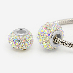 Perles européennes en résine avec strass, Perles avec un grand trou   , rondelle, de couleur métal platine , cristal ab, 15x10mm, Trou: 5mm