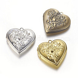 Pendentifs de médaillon en laiton, coeur avec rose, couleur mixte, 29x29x7.5mm, Trou: 2mm