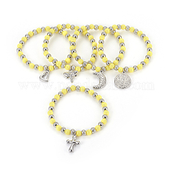 (Jewelry Parties Factory Sale)304 Stainless Steel Charm Bracelets, with Plastic Beads, Mixed Shaped, Yellow, 2-1/4 inch(5.6cm)