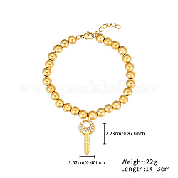 Edelstahl-Kristall-Strass-Kugel-Perlenarmbänder mit Anhängern, golden, Schlüssel, 5-1/2 Zoll (14 cm), Anhänger: 22.3x10.2 mm