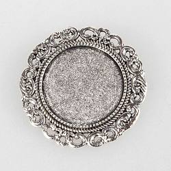 Tibetan Style Alloy Brooch Cabochon Settings, Cadmium Free & Lead Free, with Iron Pin Brooch Back Bar Findings, Flat Round, Antique Silver, Tray: 25mm, 39x2mm, Pin: 0.6mm