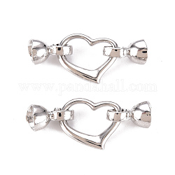 Brass Fold Over Clasps, Heart, Real Platinum Plated, 34.5mm, Heart: 14x18x2.5mm, Clasps: 12x8x7.5mm