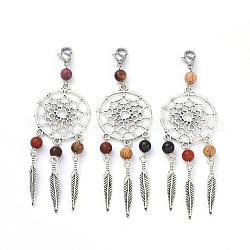 Pendentifs en alliage de style tibétain, avec perles en bois et 304 fermoirs en acier inoxydable et pince de homard, argent antique, 93mm, pendentif: 72x28 mm, perles: 6 mm, plume: 29x5x2mm, fermoirs: 12x8x3mm.