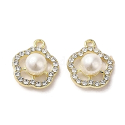 Lega con pendenti in strass, con abs imitazione perla, pendente a fiore, oro, 19.5x16.5x8.5mm, Foro: 2 mm