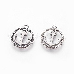 304 Stainless Steel Pendants, Ring with Anchor, Antique Silver, 17x14.5x1.5mm, Hole: 1.6mm