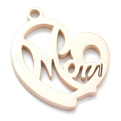 Placage ionique (ip) 304 pendentifs en acier inoxydable, coeur avec le mot maman, pour la fête des mères, Véritable plaqué or rose, 18x17x1.5mm, Trou: 1.6mm