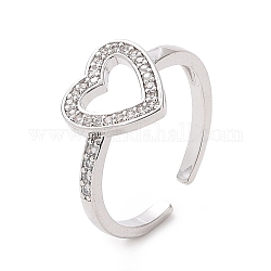 Anello con polsino aperto a cuore aperto con zirconi cubici trasparenti, gioielli in ottone per le donne, platino, diametro interno: 17.2mm