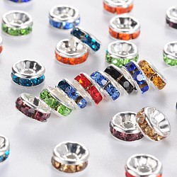 Brass Grade A Rhinestone Spacer Beads, Silver Color Plated, Nickel Free, Mixed Color, 6x3mm, Hole: 1mm