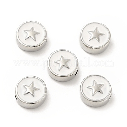 Perle di smalto in ottone, piatta e rotonda con stella, platino, bianco, 10.8x4.6mm, Foro: 2 mm