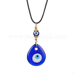 Lampwork Teardrop with Evil Eye Pendant Necklaces, with Imitation Leather Cords, Real 18K Gold Plated, 17.60 inch(44.7cm)