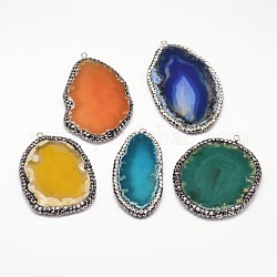 Nuggets Natural Agate Big Pendants, with Platinum Plated Brass Findings and Rhinestones, Dyed, Mixed Color, 50~95x25~60x4~8mm, Hole: 2mm