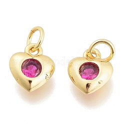 Ottone micro spianare fascino zirconi, con anello di salto, cuore, oro, rosa caldo, 7.5x6.5x2.5mm, Foro: 1.5 mm, anelli di salto: 3.5x0.8 mm