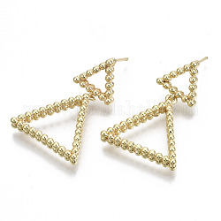 Brass Dangle Stud Earring, with Stainless Steel Pins, Nickel Free, Triangle, Real 18K Gold Plated, 34x22.5mm, Pin: 0.7mm