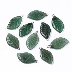 Carved Natural Green Aventurine Pendants, Leaf, 28~29x15x4.5mm, Hole: 1.8mm
