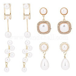Anattasoul 4 paires 4 style exquis en plastique imitation perle perlée boucles d'oreilles pendantes, bijoux en alliage d'or clair pour femmes, blanc, 40~49x9.5~15mm, pin: 0.7~0.8 mm, 1 paire/style