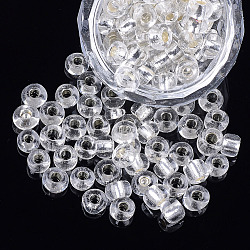Abalorios de la semilla de cristal, plata forrada, redondo, Claro, 5~6x3~5mm, agujero: 1.2~2 mm, aproximamente 2500 unidades / bolsa