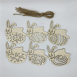 Holzausschnitte Ornamente, mit Juteschnur, Ostern hängende Dekorationen, für Partygeschenk Dekoration, Kaninchen mit Ei, rauchig, 80x80.5x2.5 mm
