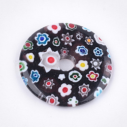 Handgefertigte Murano Millefiori-Anhänger, Donut / Pi-Scheibe, Schwarz, Donutbreite: 17.5~18.3mm, 44.5~45x6 mm, Bohrung: 8~10 mm