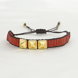 Glass Seed Braided Bead Bracelet, Flat Band Friendship Bracelet with Triple Stud for Women, Sienna, 11 inch(28cm)