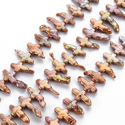 Naturali keshi perline perle fili, perla d'acqua dolce coltivata, tinto, croce, salmone chiaro, 13~25x8~10x3~5mm, Foro: 0.5 mm, circa 44~47pcs/filo, 16.14 pollice (41 cm)