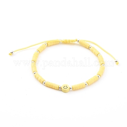 Bracelets de perles de nylon tressés réglables, avec des perles heishi en pâte polymère et des perles de fer, visage souriant, couleur argentée, jaune, diamètre intérieur: 2~3-1/8 pouce (5~8 cm)