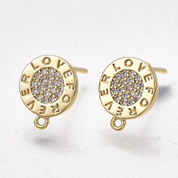 Brass Stud Earring Findings, with Loop, Cubic Zirconia, Nickel Free, Real 18K Gold Plated, Flat Round with Word Love Forever, Clear, 10x8.5mm, Hole: 0.8mm, Pin: 0.8mm