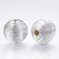 Wood Beads Covered with Polyester Cord Wire, Round, Silver, 10~11x9~10mm, Hole: 1.5~2mm