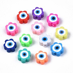 Handmade Polymer Clay Beads, Flower with Evil Eye, Mixed Color, 9x9x4.5mm, Hole: 1.8mm