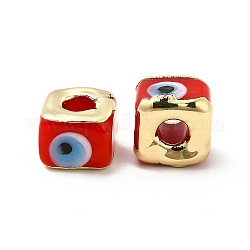 Perles en laiton émaillé, Plaqué longue durée, véritable 18k plaqué or, carré avec motif mauvais œil, rouge, 10~12x10~12x8~9mm, Trou: 4~4.5mm
