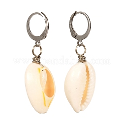 Natürliche Kaurimuschel Perlen baumeln Ohrringe für Mädchenfrauen, 304 Edelstahl-Brisur, Edelstahl Farbe, 42 mm, Stift: 1 mm