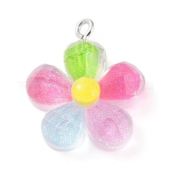Translucent Resin Pendants, Glitter Charms with Platinum Tone Iron Loops, Flower, 24.5x20.5x7.5mm, Hole: 2mm