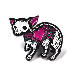Chat squelette avec broche en émail coeur pour halloween, insigne en alliage d'animaux pour vêtements de sac à dos, électrophorèse noir, cerise, 30x36x1.5mm, pin: 1 mm