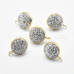 Brass Polymer Clay Stud Earring Findings, with Loop, Grade A Rhinestones, Flat Round, Golden, Crystal, 18x14mm, Hole: 2mm, Pin: 0.6mm