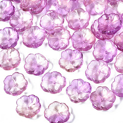 Transparent Spray Painted Glass Beads, with Glitter Powder, Two Tone, Flower, Plum, 15x15x6mm, Hole: 1.2mm