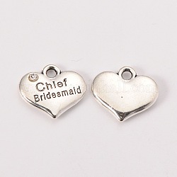 Wedding Theme Antique Silver Tone Tibetan Style Alloy Heart with Chief Bridesmaid Rhinestone Charms, Cadmium Free & Lead Free, Crystal, 14x16x3mm, Hole: 2mm