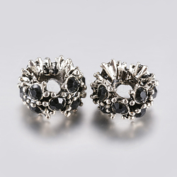 Perle europee di strass in lega di stile tibetano, perline con foro grande, fiore, argento antico, nero, 12x8mm, Foro: 5 mm