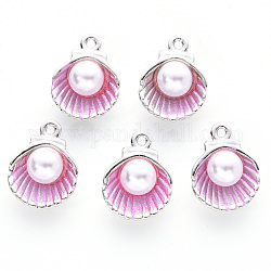 Charms del esmalte de la aleación, con la perla de plástico, sin plomo y cadmio, Platino, cáscara, rosa perla, 14.5x11.5x7mm, agujero: 1.2 mm