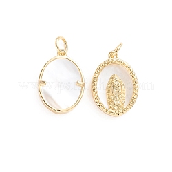 Religión colgantes de latón, con concha natural y anillo de salto, oval con virgen maría, dorado, 17x12x3mm, agujero: 3 mm