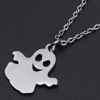 For Halloween, 201 Stainless Steel Pendant Necklaces, with Cable Chains and Lobster Claw Clasps, Ghost, Stainless Steel Color, 15.74 inch(40cm), 1.5mm